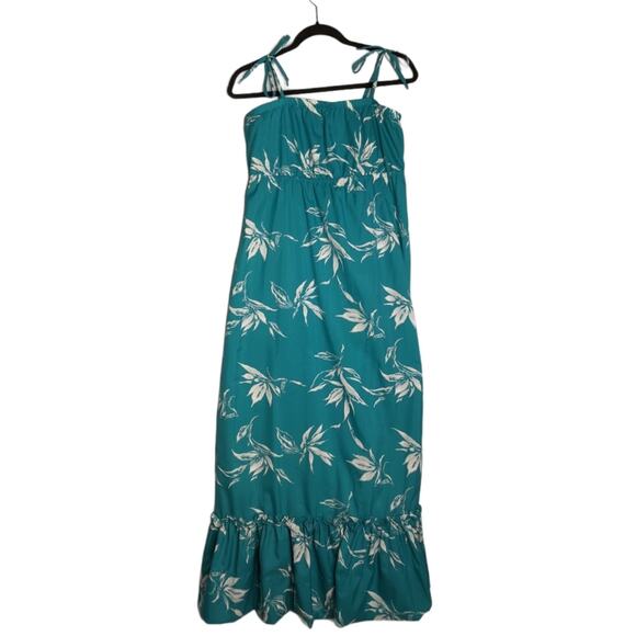 Hilo Hattie Vintage Hawaiian Maxi Dress Tie Straps Floral Print Teal White Large - Picture 1 of 7